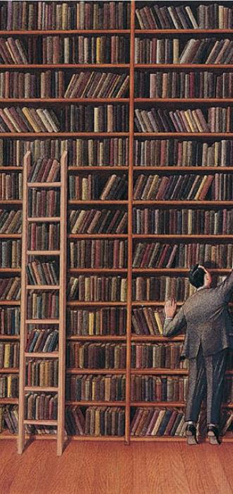 A man looks for books in a giant library